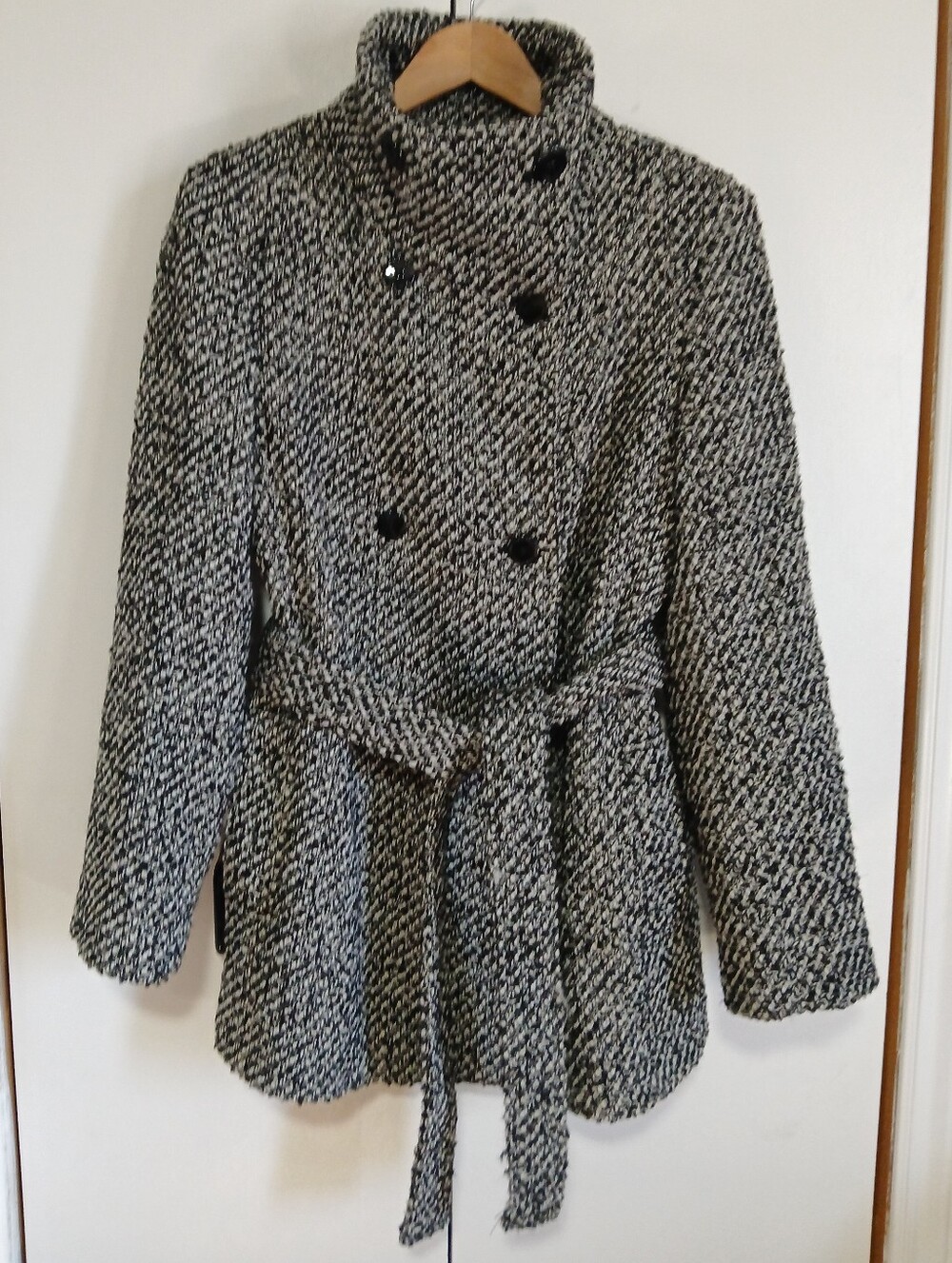 Calvin Klein Wool Tweed Belted Coat Black White Textured Double Breast 14